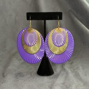 Vintage 80s Purple Gold Statement‎ Earrings Geometric Mod Dangle 2.75"